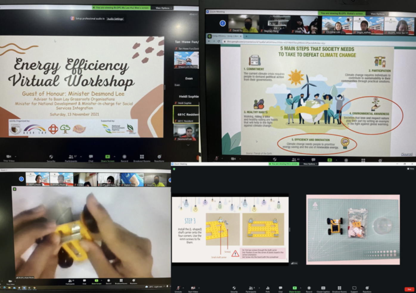 Four Zoom meeting screens showing an Energy Efficiency Virtual Workshop with slides on climate change and assembly instructions.